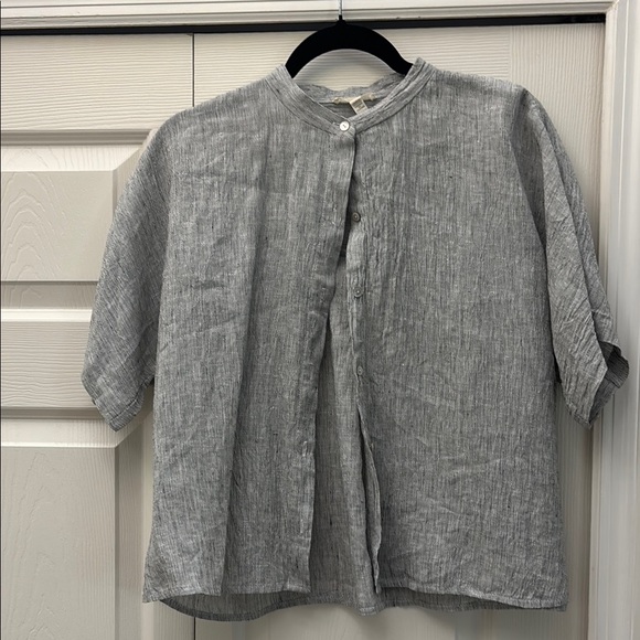 Eileen Fisher Tops - Eileen Fisher Gray Boxy Button-Up Organic Linen Shirt
